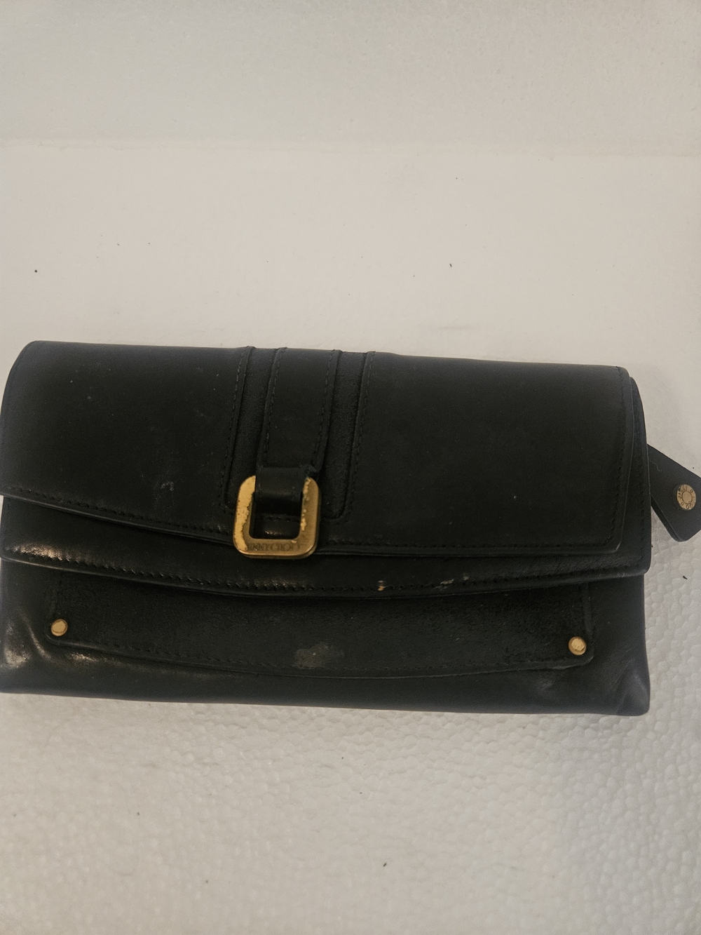 Jimmy Choo Black Leather Envelope Wallet with Gold Buckle